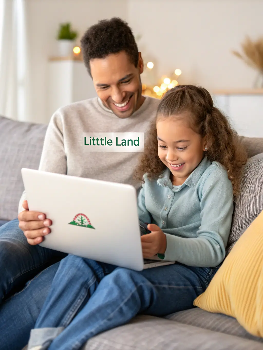 A parent and child using a tablet to shop online, the screen displaying a clean, easy-to-navigate WooCommerce interface in pastel colors. The background features subtle illustrated accents and rounded icons, highlighting user-friendliness.