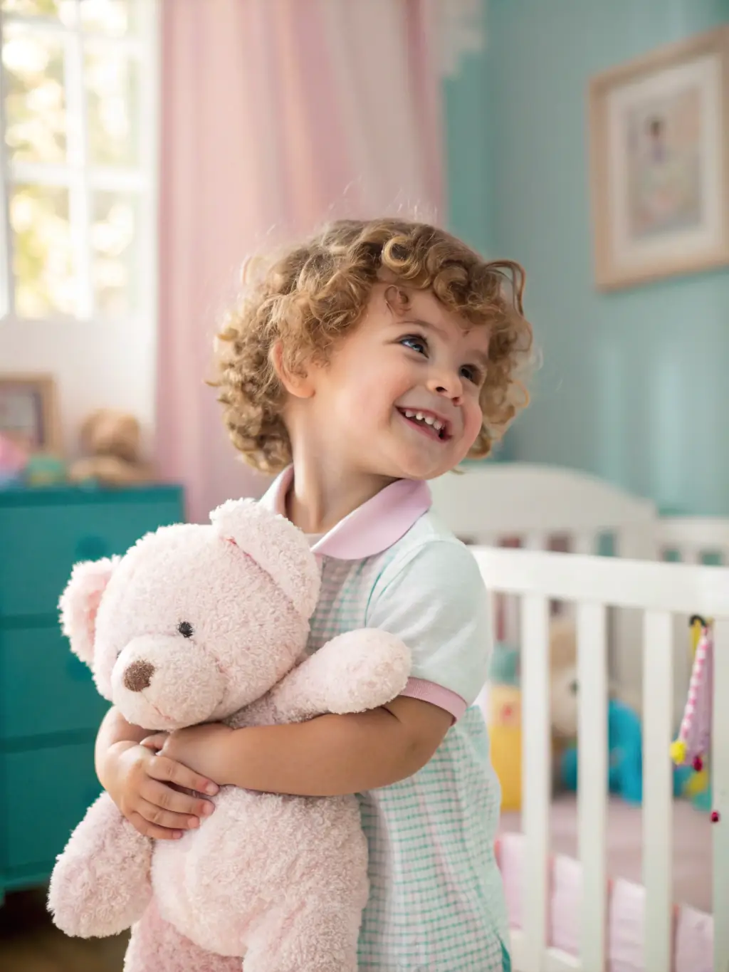 A cheerful illustrated scene of a young child wearing mint green overalls and a coral pink t-shirt, playing with plush toys in a softly lit, pastel-themed nursery. The image is styled in a gentle, storybook manner with rounded shapes and a clean background, reflecting the brand’s playful and child-friendly design.