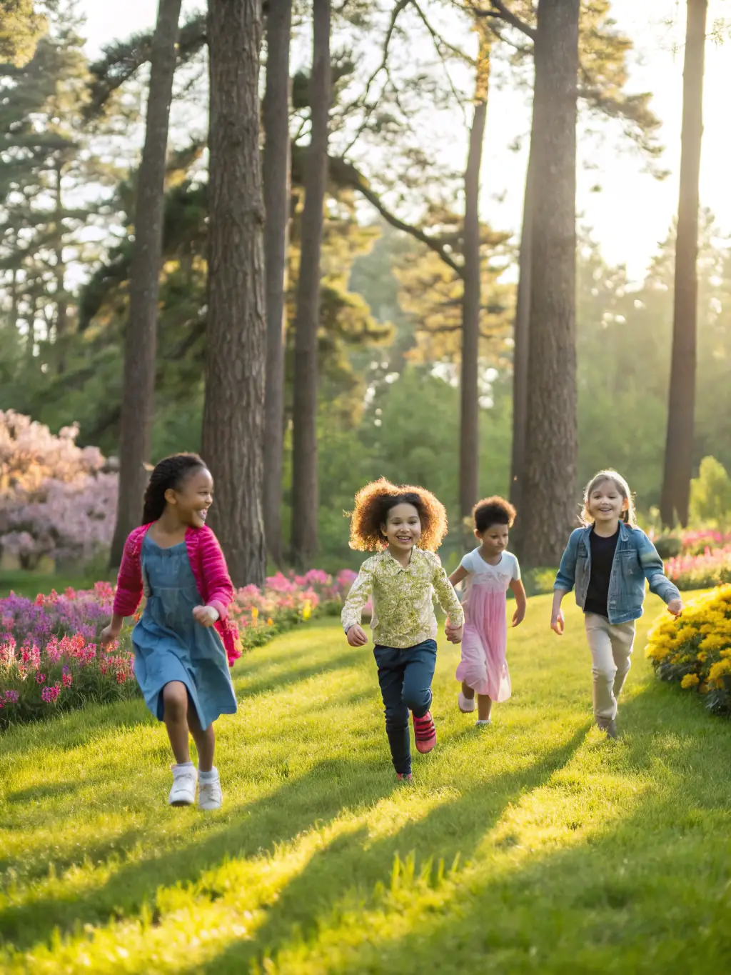 A group of diverse children laughing together, each wearing different pieces from the store’s collections, set against a soft mint and coral backdrop with playful illustrated elements. The image conveys inclusivity and joy.