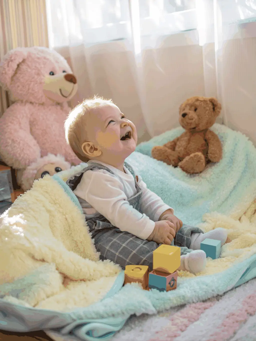 A close-up of a baby smiling in a cream yellow romper, surrounded by mint and coral colored blocks, with soft natural lighting and a whimsical illustrated overlay. The image emphasizes freshness and authenticity, matching the store’s unique visual identity.